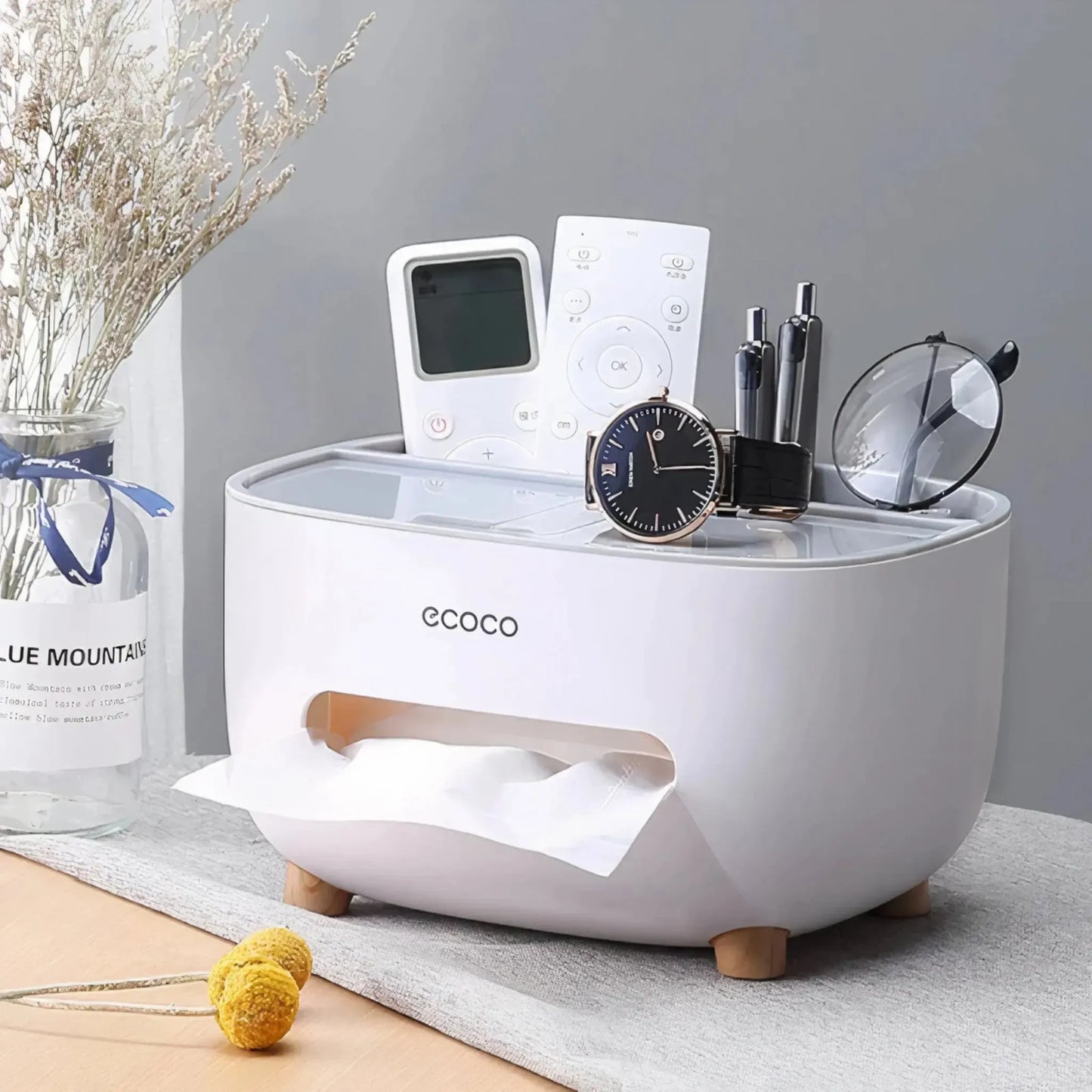 Ecoco Tissue Box Organizer with Storage Drawer & Remote Holder