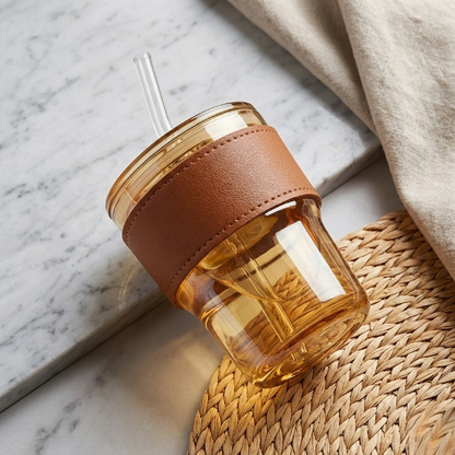 Premium Amber Glass Coffee Tumbler with Leather Sleeve & Glass Straw – 400ML Travel Mug