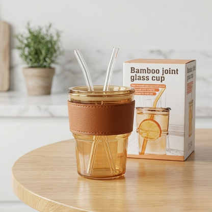 Premium Amber Glass Coffee Tumbler with Leather Sleeve & Glass Straw – 400ML Travel Mug