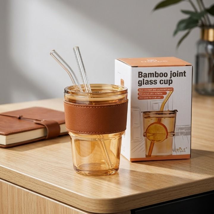 Premium Amber Glass Coffee Tumbler with Leather Sleeve & Glass Straw – 400ML Travel Mug