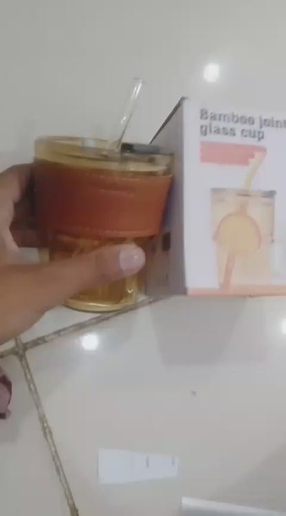 Premium Amber Glass Coffee Tumbler with Leather Sleeve & Glass Straw – 400ML Travel Mug